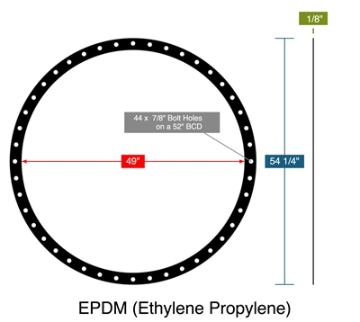 EPDM (Ethylene Propylene) -  1/8" Thick - Full Face Gasket - 49" ID - 54.25" OD - 44 x .875" Holes on a 52" Bolt Circle Diameter