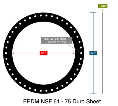 EPDM NSF 61 - 75 Duro Sheet - Full Face Gasket -  1/8" Thick - 31" ID - 40" OD - 42 x .875" Holes on a 37.25" Bolt Circle Diameter