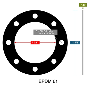 EPDM 61 -  1/8" Thick - Full Face Gasket - 7.375" ID - 11.625" OD - 8 x .875" Holes on a 9.5" Bolt Circle Diameter