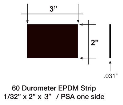60 Duro EPDM Rubber Strip - 1/32" Thick x 2" x 3" with PSA 1