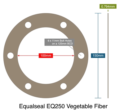 Equalseal EQ250 Vegetable Fiber - 0.79mm Thick - Full Face Gasket - 100mm ID - 150mm OD - 6 x 11mm Holes on a 125mm Bolt Circle Diameter