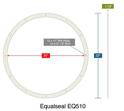 Equalseal EQ510 - Full Face Gasket -  1/16" Thick - 30" ID - 33" OD - 12 x .41" Holes on a 31.50" Bolt Circle Diameter