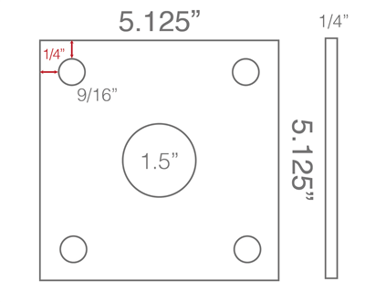 EQ535exp - 1/4" Thk - 5.125" x 5.125" with 1.5" Center Hole - (4) 9/16" Bolt Holes