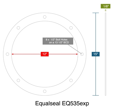 Equalseal EQ535exp -  1/8" Thick - Full Face Gasket - 12" ID - 15" OD - 8 x .5" Holes on a 13.5" Bolt Circle Diameter