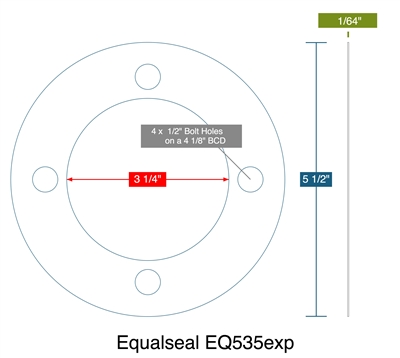 Equalseal EQ 535exp - Full Face - 1/4" thick x 3.25" ID x 5.5" OD with 4 .25" bolt hole on a  4.125" BCD