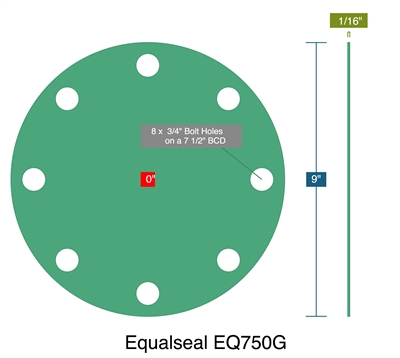 Equalseal EQ750G -  1/16" Thick - Blind Full Face Gasket - 9" OD - 8 x 0.75" Holes on a 7.5" Bolt Circle Diameter