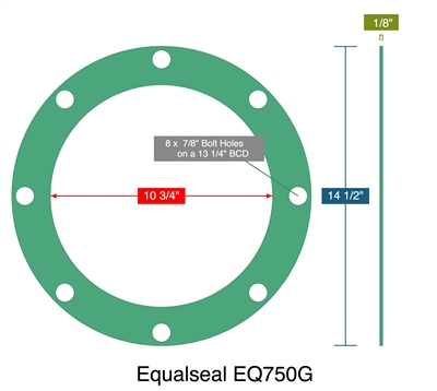 Equalseal EQ750G -  1/8" Thick - Full Face Gasket - 10.75" ID - 14.5" OD - 8 x .875" Holes on a 13.25" Bolt Circle Diameter