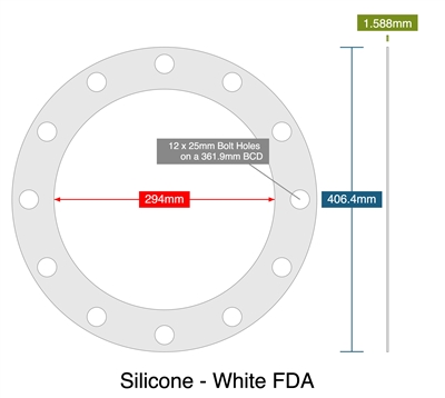 Silicone - White FDA - Full Face Gasket - 1.59mm Thick - 294mm ID - 406.4mm OD - 12 x 25mm Holes on a 361.9mm Bolt Circle Diameter