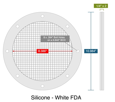 Silicone - White FDA -  1/4" Thick - Full Face Strainer Gasket - Passivated 304SS 4 Mesh -8.386" ID - 10.984" OD - 8 x .394" Holes on a 9.842" Bolt Circle