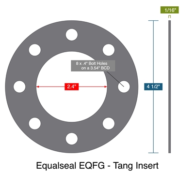 Equalseal EQFG - Tang Insert -  1/16" Thick - Full Face Gasket - 2.4" ID - 4.5" OD - 8 x .4" Holes on a 3.54" Bolt Circle Diameter