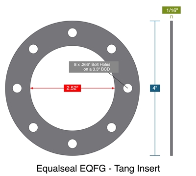 Equalseal EQFG - Tang Insert -  1/16" Thick - Full Face Gasket - 2.52" ID - 4" OD - 8 x .266" Holes on a 3.3" Bolt Circle Diameter