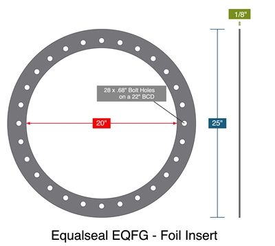 Equalseal EQFG - .002" 316 SS Foil Insert -  1/8" Thick - Full Face Gasket - 20" ID - 25" OD - 28 x .68" Holes on a 22" Bolt Circle Diameter