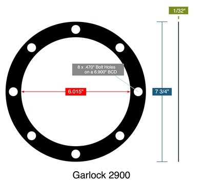 Garlock 2900 -  1/32" Thick - Full Face Gasket - 6.015" ID - 7.750" OD - 8 x .470" Holes on a 6.900" Bolt Circle Diameter