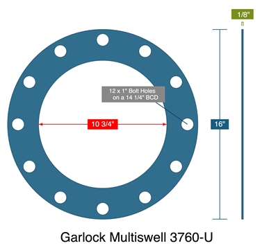 Garlock Multiswell 3760-U -10" 150 lb Full Face Gasket -  1/8" Thick - 10.75" ID - 16" OD - 12 x 1" Holes on a 14.25" Bolt Circle Diameter