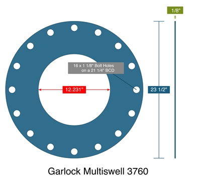 Garlock Multiswell 3760U - Full Face Gasket -  1/8" Thick - 12.231" ID - 23.5" OD - 16 x 1.125" Holes on a 21.25" Bolt Circle Diameter