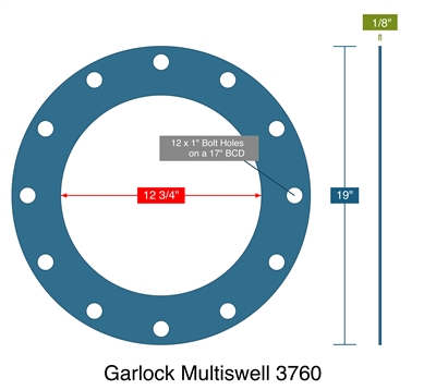 Garlock 3760U - NSF 61 - 12" FF 150 lb. Gasket -  1/8" Thick - 12.75" ID - 19" OD - 12 x 1" Holes on a 17" Bolt Circle Diameter