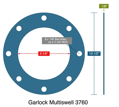 Garlock Multiswell 3760 - 8" 150lb FF Gasket -  1/8" Thick - 8.625" ID - 13.5" OD - 8 x 0.875" Holes on a 11.75" Bolt Circle Diameter