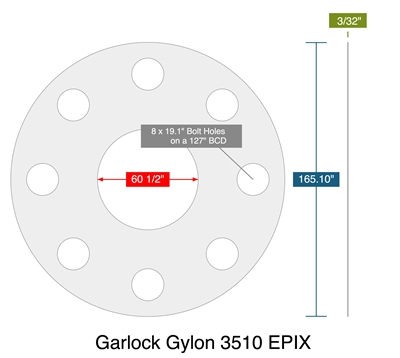 Garlock Gylon EPIX 3510 - 2.38mm Thick - Full Face Gasket - 60.5mm ID - 165.10mm OD - 8 x 19.1mm Holes on a 127mm Bolt Circle Diameter