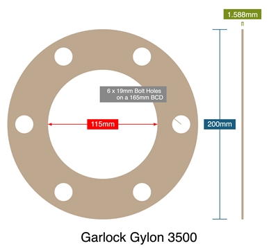 Garlock Gylon 3500 - 1.59mm Thick - Full Face Gasket - 115mm ID - 200mm OD - 6 x 19mm Holes on a 165mm Bolt Circle Diameter