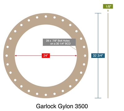 Garlock Gylon 3500 - Full Face Gasket -  1/8" Thick - 24" ID - 32.75" OD - 28 x .875" Holes on a 30.25" Bolt Circle Diameter