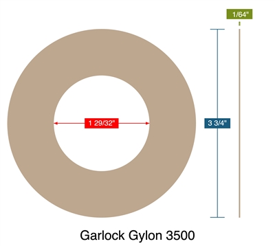 Garlock Gylon 3500 - 1-1/2" - 300 lb Ring Gasket -  1/16" Thick - 1.90625" ID - 3.75" OD