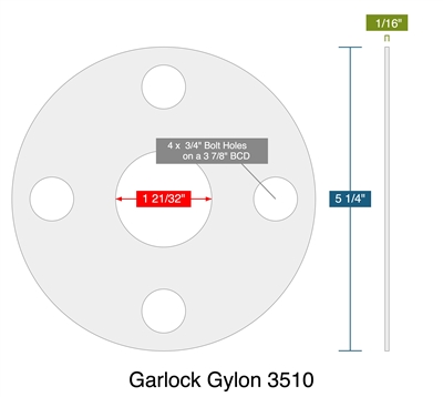 Garlock Gylon 3510 - Full Face Gasket -  1/16" Thick - 1.25" - 300 Lb