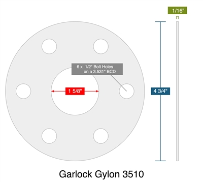 Garlock Gylon 3510 - Full Face Gasket -  1/16" Thick - 1.625" ID - 4.75" OD - 6 x .50" Holes on a 3.531" Bolt Circle Diameter