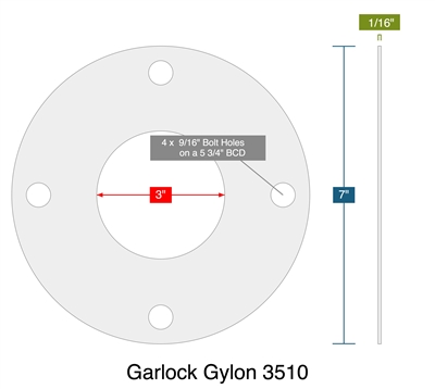 Garlock Gylon 3510 - Full Face Gasket -  1/16" Thick - 3" ID - 7" OD - 4 x .5625" Holes on a 5.75" Bolt Circle Diameter
