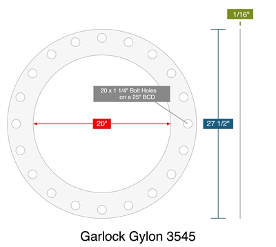 Garlock Gylon 3545 - Full Face Gasket -  1/16" Thick - 20" ID - 27.5" OD - 20 x 1.25" Holes on a 25" Bolt Circle Diameter