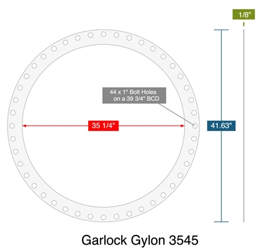 Garlock Gylon 3545 -  1/8" Thick - Full Face Gasket - 35.25" ID - 41.63" OD - 44 x 1" Holes on a 39.75" Bolt Circle Diameter