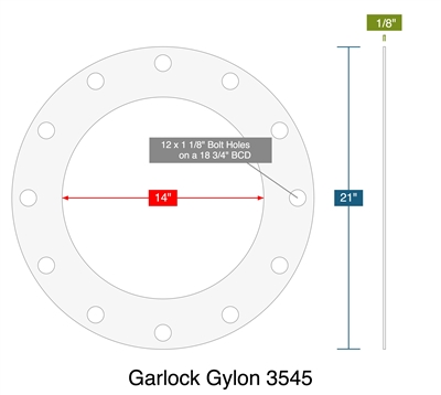Garlock Gylon 3545 - Full Face Gasket -  1/8" Thick - 14" ID - 21" OD - 12 x 1.125" Holes on a 18.75" Bolt Circle Diameter