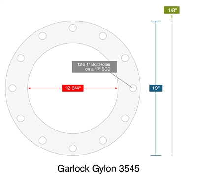 Garlock Gylon 3545 -  1/8" Thick - Full Face Gasket - 150 Lb. - 12"