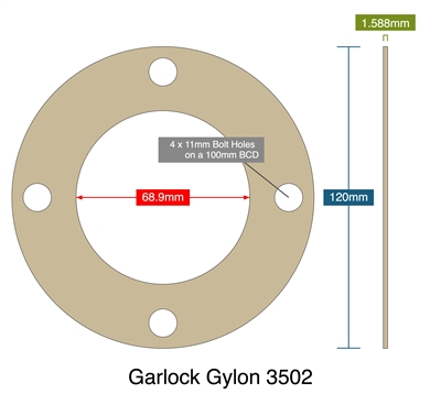 Garlock Gylon 3502 for O2 Service- 1.59mm Thick - FF Gasket - 68.9mm ID - 120mm OD - 4 x 11mm Holes on a 100mm BCD