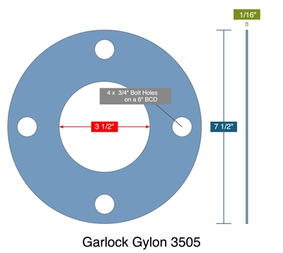 Garlock Gylon 3505 -  1/16" Thick - Full Face Gasket - 150 Lb. - 3" Cleaned and Bagged for O2 Service