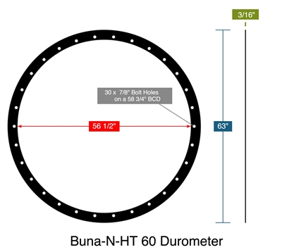 Buna-N-HT 60 Durometer - Full Face Gasket -  3/16" Thick - 56.5" ID - 63" OD - 30 x .875" Holes on a 58.75" Bolt Circle Diameter