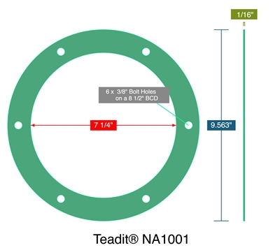 Teaditï¿½ NA1001 -  1/16" Thick - Full Face Gasket - 7.25" ID - 9.563" OD - 6 x .375" Holes on a 8.5" Bolt Circle Diameter