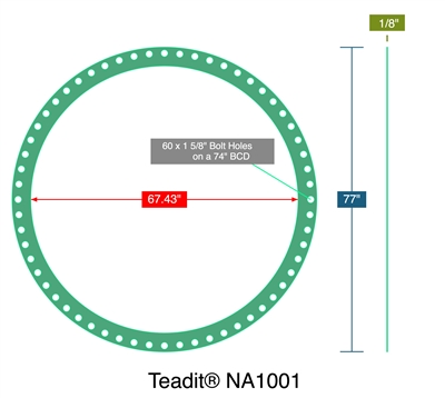 TeaditÂ® NA1001 -  1/8" Thick - Full Face Gasket - 67.43" ID - 77" OD - 60 x 1.625" Holes on a 74" Bolt Circle Diameter