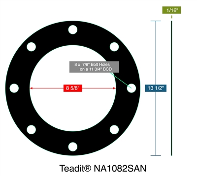 Teaditï¿½ NA1082SAN - Full Face Gasket -  1/16" Thick - 8.625" ID - 13.5" OD - 8 x 0.875" Holes on a 11.75" Bolt Circle Diameter