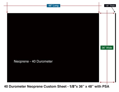 Neoprene 40 Durometer - 1/8" Thick x 36" wide x 48" Long with PSA