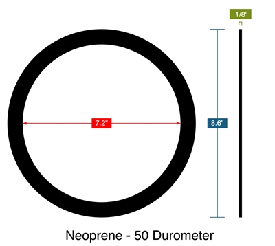 Neoprene - 50 Durometer -  1/8" Thick - Ring Gasket - 7.2" ID - 8.6" OD