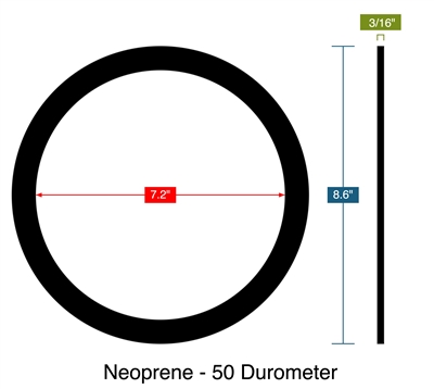 Neoprene - 50 Durometer -  3/16" Thick - Ring Gasket - 7.2" ID - 8.6" OD