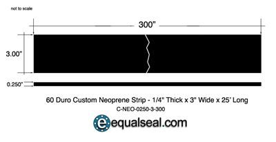 Neoprene 60 Durometer - 1/4" Thick x 3" wide x 25' Long
