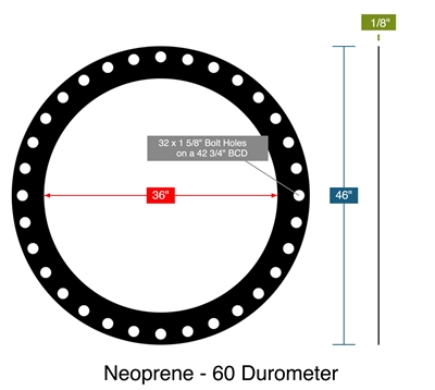 Neoprene - 60 Durometer -  1/8" Thick - Full Face Gasket - 150 Lb. - 36"