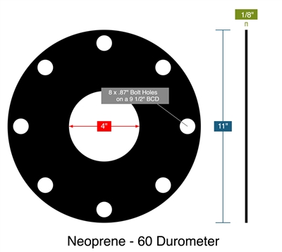 Neoprene - 60 Durometer -  1/8" Thick - Full Face Gasket - 4" ID - 11" OD - 8 x .87" Holes on a 9.50" Bolt Circle Diameter