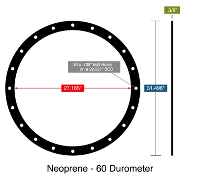 Neoprene - 60 Durometer -  3/8" Thick - Full Face Gasket - 27.165" ID - 31.496" OD - 20 x .709" Holes on a 29.527" Bolt Circle Diameter