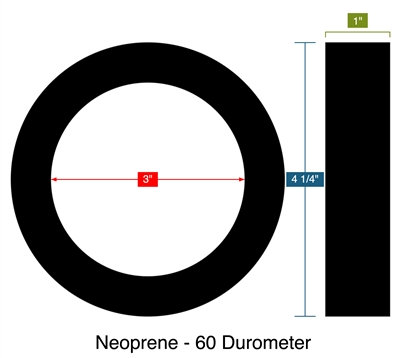 Neoprene - 60 Durometer - 1" Thick - Ring Gasket - 3" ID - 4.25" OD