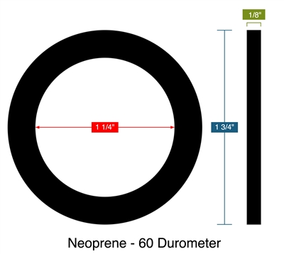 Neoprene - 60 Durometer -  1/8" Thick - Ring Gasket - 1.25" ID - 1.75" OD