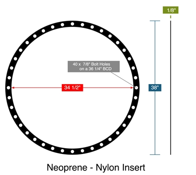 Neoprene - Nylon Insert -  1/8" Thick - Full Face Gasket - 34.5" ID - 38" OD - 40 x .875" Holes on a 36.25" Bolt Circle Diameter