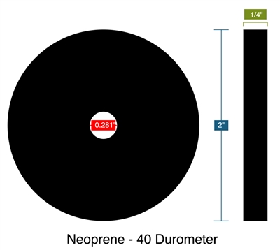 Neoprene with PSA- 40 Durometer - Ring Gasket -  1/4" Thick - .281" ID - 2" OD