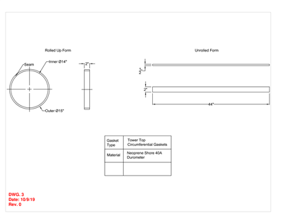 Neoprene - 40 Durometer -  1/2" Thick - 2" x 44" Tower Top Circumferential Gasket